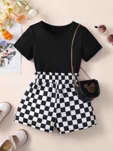 Clothing Sets Girls' Summer Set Two-Piece Children'S Black Cropped Top And Plaid Shorts Kids Daily Leisure Clothes Suitable For Outdoor Wear