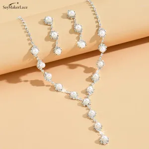 Necklace Earrings Set 1set Fashion Women Jewelry Simple Exquisite Personality Pearl Rhinestone Bridal Wedding Accessories