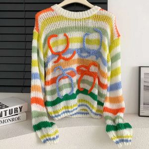 Kvinnors tröjor lång ärm vintage tröja kvinna vinter 2024 crewneck ull regnbåge randstickande pullover designkläder