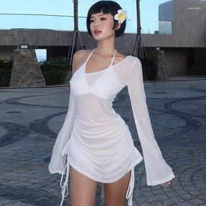 Casual Dresses Fashion Style Women's Clothing Elegant White Dress Little Kort Petite långärmad Sexig genomskinlig strandresor