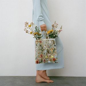 Sacchetti da sera 1pc Tote tote in stile estivo mesh flowers completo ricamo a spalla trasparente borse romantiche eco shopping per donne 2024