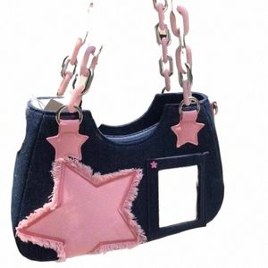 Y2K Vintage Korean Fi Shoulder Underarm Harajuku Star Tote Denim Bag Chain Ladies Bags Zip Purs Patchwork Handväskor Kvinnor 56MU#