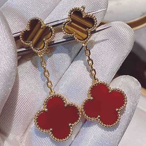 Designer Original Small Van 925 Silver Rose Gold Tiger Eye Stone Red Agate Clover Double Flower Ear Beat Wind Earrings jewelry
