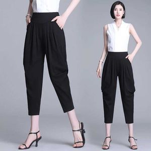 여성용 바지 Capris 고품질 검은 색 Capris Womens Spring and Summer Slimming High Wareed Loose Fitting 2024 New Fat Casual Pants 탄성 허리 Y240422