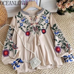 Kvinnors blusar Oceanlove Böhmen Floral Women Shirtsblouses Vintage Fashion Ethnic Style Spring Summer Blues Mujer Beach Embrodery