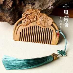 Strand Emerald Sandalwood Comb Retro Style Carved Lotus Mini Portable Hair Holiday Support Graverade brev för flickvän