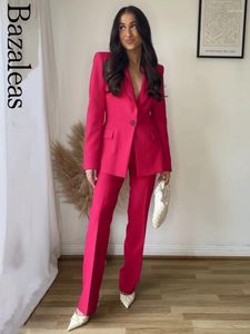Ternos femininos 2024 Mulheres elegantes Rose Red Blazer Coat Official Store Botões únicos O Outwears de mangas compridas jaqueta de bolsos acolchoados