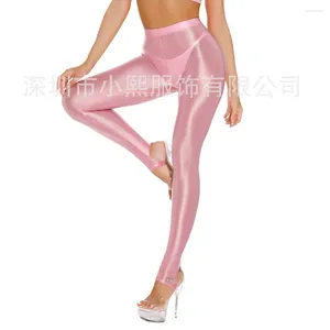 Leggings femminili lucidi più taglia vedi attraverso la vita in alto in raso gradini sport yoga pantaloni da donna stretti calzature senza cuciture