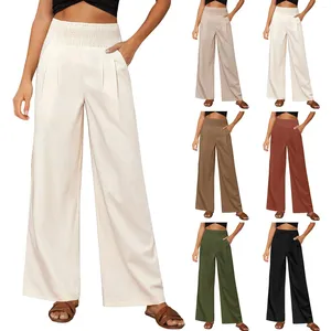 Women's Pants Linen Trousers Summer Wide Leg Cotton Elastic High Waist Casual Beach