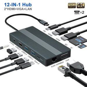 Hubs Dual Monitor USB C Hub Triple Display -Dockingstation mit 2 HDMI VGA Gigabit Ethernet Typec PD SD/TF 3.5mm Adapter für MacBook