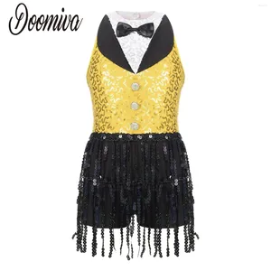 Stage Wear Kids Girls Latin Jazz Dance Performance Costume Sleeveless Shiny Sequin Tassel Unitard Jumpsuit For Tango Dress