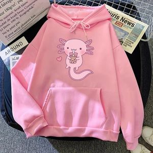 Kvinnors hoodies kawaii söt axolotl dricka mjölkmönster tryckt hoodie casual utomhus bekväm pullover sport