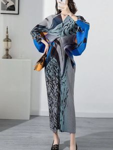Casual Dresses Pleated Printing Dress Batwing Sleeve V-Neck Loose Long Elegant Retro Clothing 2024 Autumn Maxi Y2K Vestidos