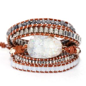 Braccialetti unici pietre naturali miste in quarzo druzy fascino 5 fili avvolgono braccialetti fatti fatti druzy boho cuoio dropshipping bracciale