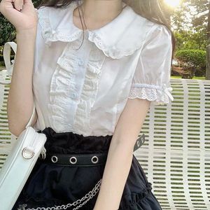 Camicette da donna kawaii lolita donna bianca donna simpatica top in pizzo camicie arruffone estate maniche viola vintage giapponese corea preppy stile dolce