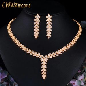 Necklaces CWWZircons Leaf Shape Dangle Drop Party Earring and Necklace African Nigerian CZ Gold Color Wedding Jewelry Set for Brides T488