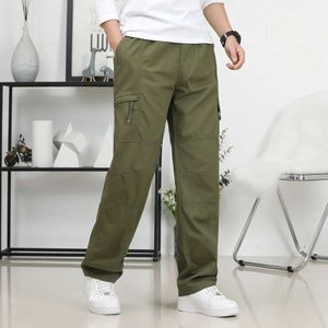 Calça masculina calça de carga masculina Summer Spring algodão fino trabalho usa cor de cor de cor sólida solta casual calças de macacão de vários bolsos Y240422