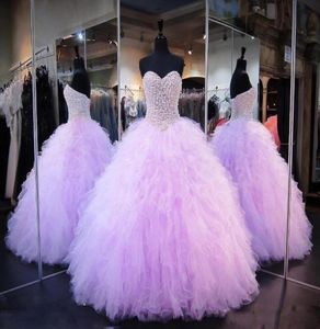 2020 Lilac Quinceanera Ball Gown Dresses Sweetheart Crystal Beads Tiered Ruffles Corset Back Puffy Plus Size Party Prom Evening Go2135126