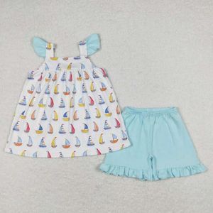 Clothing Sets RTS Wholesale Clothes Summer Short Sleeve Tee Shirt Top Ruffle Shorts Children 2pcs Baby Girls Kid Clothese