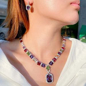 Necklaces CWWZircons Multi Color Purple Cubic Zirconia Big Square Drop Luxury Wedding Bridal Necklace Earrings Costume Jewelry Set T569