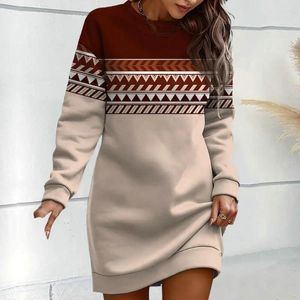 Lässige Kleiderkleid geometrischer Druck warmer Pullover Mini Retro Farbe passende Patchwork Langarm Frauen Herbst Winter