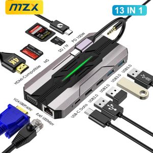 HUBS MZX 13IN1 Stacje dokowania 1000M RJ45 USB Hub 3 0 HDmicompatible HDTV VGA Type C 3.0 Adapter USBC Rozszerzenie DOCK