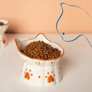 Leveranser Cat Ceramic Food Bowl Elevated Pet Drinking Eating Feeders Small Puppy Dogs Snack Water Bowls Set Cats Feeding Accessories