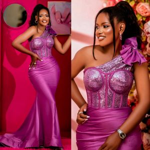 2024 SUKIENKI PROMU FUCHSIA FOR Black Women Promdress Suknie wieczorowe Eleganckie jedno ramionowe cekinowe koronkowe sukienki urodzinowe Druga suknie przyjęte Suknie zaręczynowe AM749