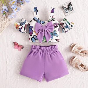 Set di abbigliamento neonati estivi bambine 2 pezzi vestiti per bambini stampare farfalla bowknot fuori spalla top maniche corta