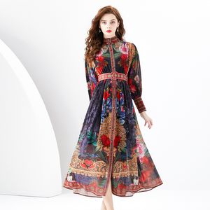 Chiffon vintage estampa floral stand stand belt lantern women women superdizes maxi vestidos de camisa casual férias feriado primavera verão no outono lotado de dropshipping