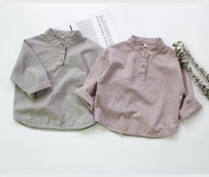 T-shirts New 2023 Autumn Baby Boys Cotton Linen Shirts Pure Color Korean Style Children Shirts Standup Collar Kids Long Sleeve Tops