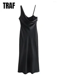 Vestidos casuais mulheres moda preto sexy plissado sling assimétrico textura de cetim de renda longa fêmea sem mangas da noite vestido