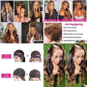 Syntetiska peruker 180NSITY 28 30 INCH Highlight Honey Body Wave 13x4 HD LACE FRONT HUR HÅR REMY ombre färgad vågig front för Drop de Dh1yw