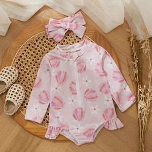 Summer Baby Girls Swimsuit Beach Wear Cute Princess Spädbarn Badkläder Floralice Cream Print Långärmad Zip Up Kids Baddräkt 240422