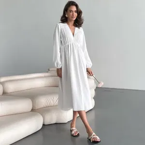 Casual Dresses Elegant For Women Cotton Muslin Long Sleeve V-neck Party Holiday Beach White Black Robes Vestidos De Mujer