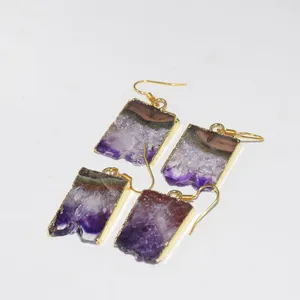 Kolczyki Dangle Natural Purple Crystal Quartz Kamień dla kobiet Kobieta Big Raw Rectangle Slice Geode Druzy Ametyst Gold 1 para