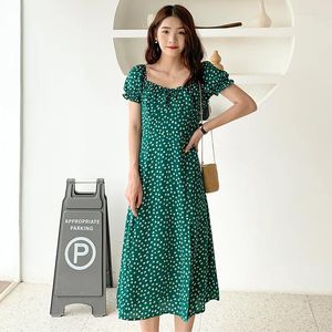 Party Dresses Summer French Green Floral Ladies Dress Girls 'Puff Sleeve Printed Mid-Längd Split A-line kjol