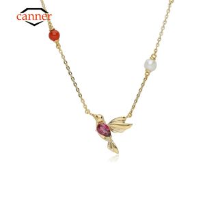 Necklaces CANNER S925 Sterling Silver Garnet Chalcedony Hummingbird Pendant Clavicle Necklace Chain for Women Jewelry Gift Choker Collar