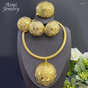 Necklace Earrings Set Dubai 24K Gold Plated Jewelry African Big Size Texture Ball Pendant Bracelet Ring Women Party Wedding Gift