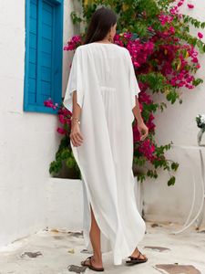 Artı Boyut Elbise Saf Renk Vneck Rayon Katı Kafk Mayo Kıyafet Kapak 240412