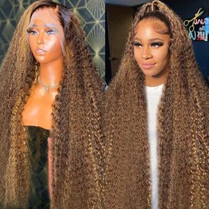 250 Densidade de 30 polegadas Destaque mel marrom marrom cacheado penteado de cabelo humano 13x6 13x4 ombre colorido de onda profunda peruca frontal 240408