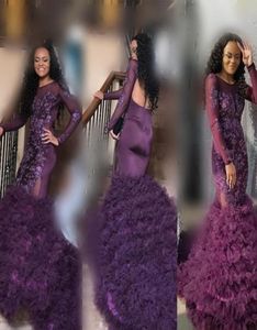 Purple Promemaid Prom Планты 2K18 чистые длинные рукава кружевные аппликации вечерние платья Южноафриканская длинная поезда.