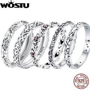 Anéis Wostu Original Flower Vintage Ring 925 Sterling Silver toping Rings for Women Party Date Birthday Birthday Fine Jewelry Gift Certificado