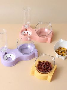Supplies Pet Cat Food Bowl Automatic Feeder AllinOne Splice Dog Cat Food Bowl and Drinking Fountain Drinking Raised Standing Dish Bowl