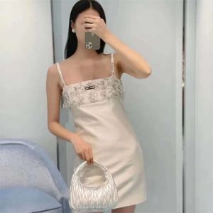 Women's Dresses Miui Clothes Designer's Spring Summer Sexy Slim Fit Strap Silk Partydress Heavy Duty Nailed Beads Water Diamond Letter Embroidery Champagne 49 515