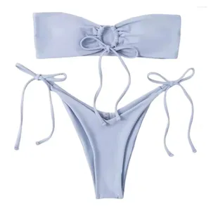 Kadın Mayo Seksi Kadın Bikini Set Yuvarlak Yüzük Bandeau Tüp Üst Yalnız Sütyen Dantel Up Yüksek Bel Kılavuzu Bölünmüş Tasarım