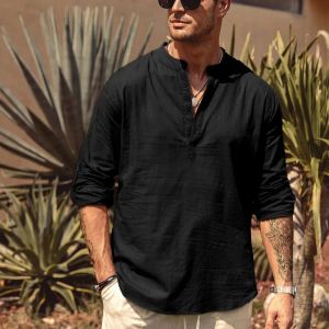 Shirts Eewoldia Men's Casual Blouse Cotton Linen Shirt Loose Tops Long Sleeve Henley Shirt Spring Autumn Handsome Shirts