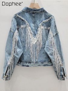 Damenjacken Pailletten Quasten-Stitching Denim Short Coat 2024 Feder LOSS LOSSES GEMACHTE LANGE SCHLEIBE BEIDE STRETSILE FÜR Women