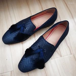 Casual Shoes Arrival Black Genuine Leather Woven Pattern Tassel Loafers Men Dress Luxury Designer Slip On For