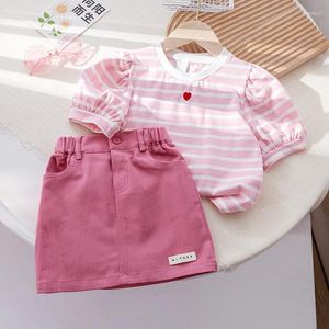Clothing Sets Girl's Summer Fashion Short Skirt Set Korean Puff Sleeve Striped Pure Cotton Denim Kids 2024 T-shirt Two-piece